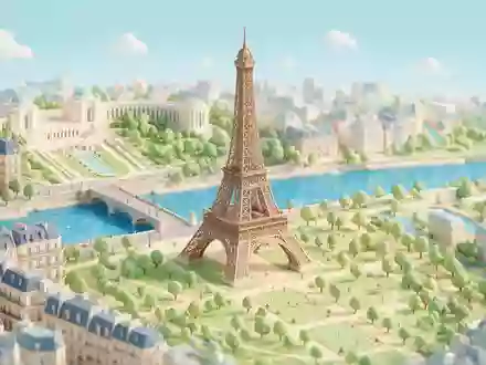 Isometrisches Diorama von Eiffelturm Paris und Umgebung in Paris Frankreich, verspielte Low-Poly-Kulisse in Pastellfarben - Foto: THN