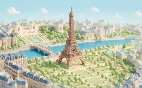 Isometrisches Diorama von Eiffelturm Paris und Umgebung in Paris Frankreich, verspielte Low-Poly-Kulisse in Pastellfarben - Foto: THN