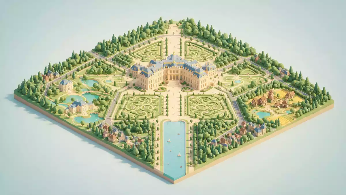 Isometrisches Diorama von Schloss Versailles in Versailles, Frankreich in Pastell