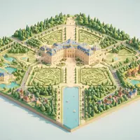 Isometrisches Diorama von Schloss Versailles und Umgebung in Versailles Frankreich, verspielte Low-Poly-Kulisse in Pastellfarben - Foto: THN