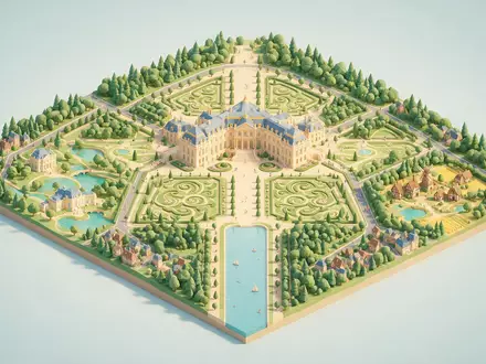 Isometrisches Diorama von Schloss Versailles und Umgebung in Versailles Frankreich, verspielte Low-Poly-Kulisse in Pastellfarben - Foto: THN