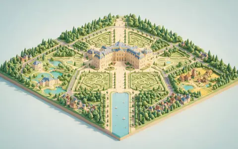 Isometrisches Diorama von Schloss Versailles und Umgebung in Versailles Frankreich, verspielte Low-Poly-Kulisse in Pastellfarben - Foto: THN