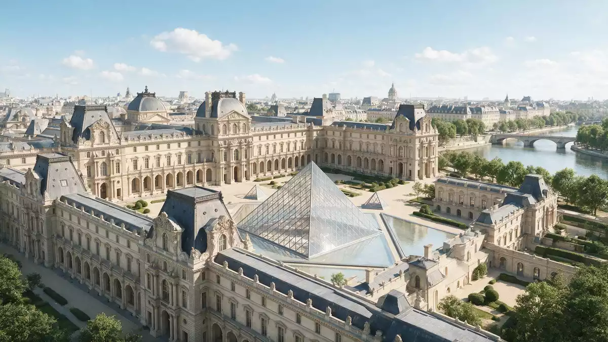 Architektur-Render von Louvre Paris in Paris, Frankreich bei Tageslicht