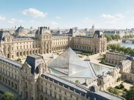 Moderner Architektur-Render zeigt Silhouette von Louvre Paris in Paris Frankreich, klare Linien und neutrales Tageslicht - Foto: THN