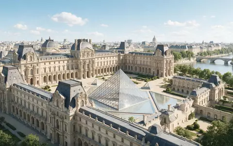 Moderner Architektur-Render zeigt Silhouette von Louvre Paris in Paris Frankreich, klare Linien und neutrales Tageslicht - Foto: THN