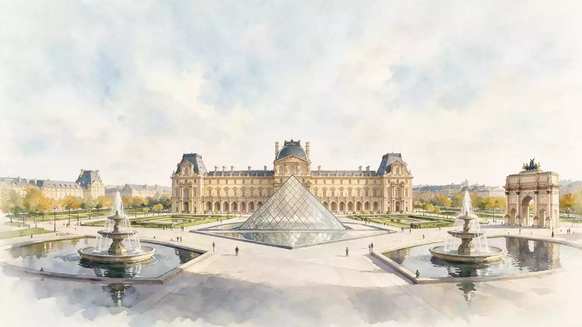 Aquarell-Illustration von Louvre Paris in Paris, Frankreich als Reiseposter