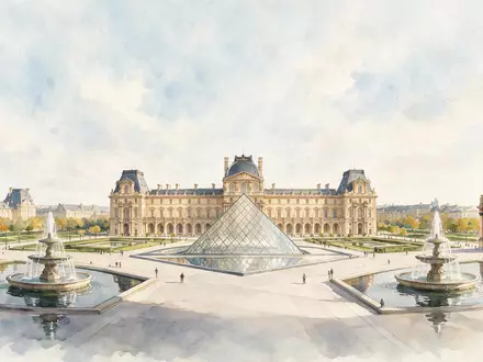 Aquarellillustration des Wahrzeichens Louvre Paris in Paris Frankreich, weiche Farbverläufe und pastelliges Reiseposter-Feeling - Foto: THN