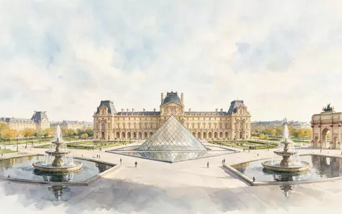 Aquarellillustration des Wahrzeichens Louvre Paris in Paris Frankreich, weiche Farbverläufe und pastelliges Reiseposter-Feeling - Foto: THN