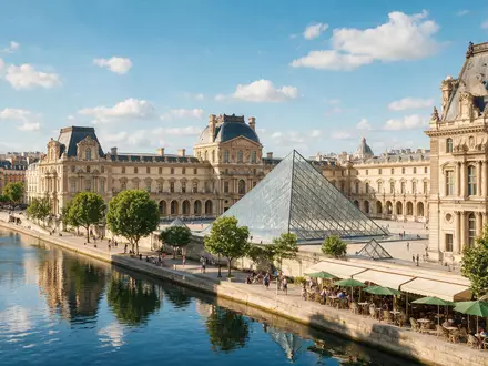 Editorialbild im Reisemagazin-Stil vom Wahrzeichen Louvre Paris in Paris Frankreich, ausgewogene Bildgestaltung und natuerliches Umgebungslicht - Foto: THN