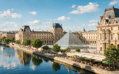 Editorialbild im Reisemagazin-Stil vom Wahrzeichen Louvre Paris in Paris Frankreich, ausgewogene Bildgestaltung und natuerliches Umgebungslicht - Foto: THN