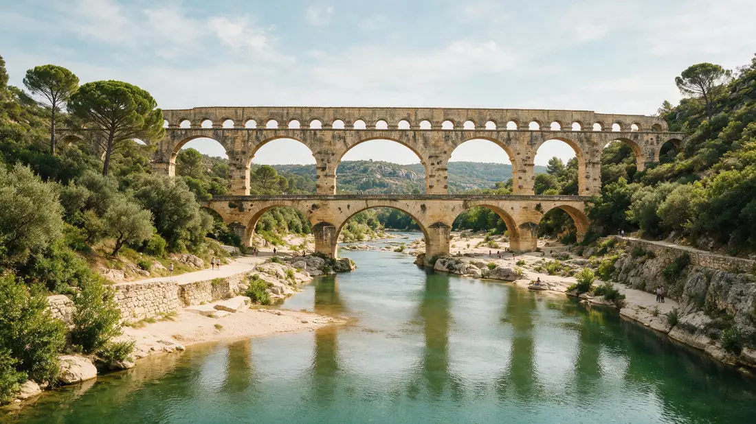 Editorial-Reisemagazinbild vom Wahrzeichen Pont du Gard in Vers-Pont-du-Gard, Frankreich