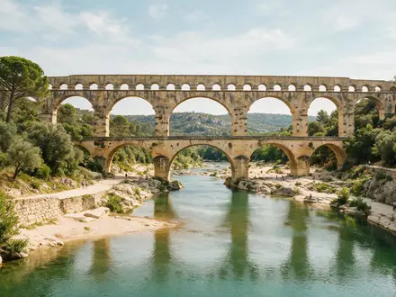Editorialbild im Reisemagazin-Stil vom Wahrzeichen Pont du Gard in Vers-Pont-du-Gard Frankreich, ausgewogene Bildgestaltung und natuerliches - Foto: THN