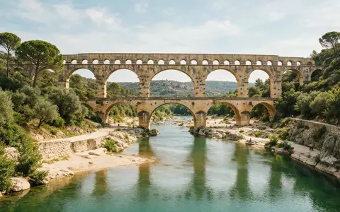 Editorialbild im Reisemagazin-Stil vom Wahrzeichen Pont du Gard in Vers-Pont-du-Gard Frankreich, ausgewogene Bildgestaltung und natuerliches - Foto: THN