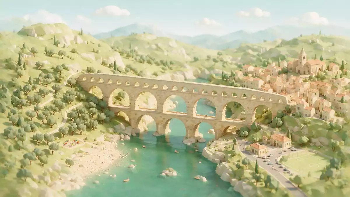 Isometrisches Diorama von Pont du Gard in Vers-Pont-du-Gard, Frankreich in Pastell