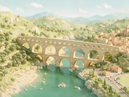 Isometrisches Diorama von Pont du Gard und Umgebung in Vers-Pont-du-Gard Frankreich, verspielte Low-Poly-Kulisse in Pastellfarben - Foto: THN