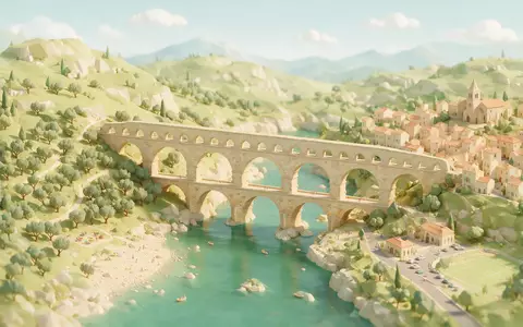 Isometrisches Diorama von Pont du Gard und Umgebung in Vers-Pont-du-Gard Frankreich, verspielte Low-Poly-Kulisse in Pastellfarben - Foto: THN