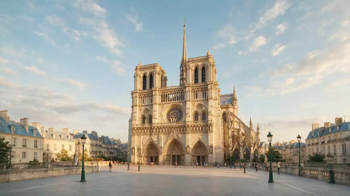 Fotorealistische Ansicht von Notre-Dame-Kathedrale Paris in Paris, Frankreich im Abendlicht
