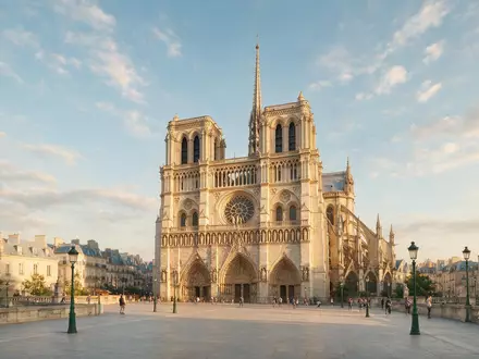 Fotorealistische Panoramaaufnahme von Notre-Dame-Kathedrale Paris in Paris Frankreich, warmes Abendlicht auf Wahrzeichen - Foto: THN