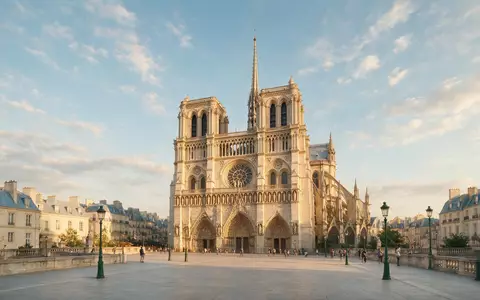 Fotorealistische Panoramaaufnahme von Notre-Dame-Kathedrale Paris in Paris Frankreich, warmes Abendlicht auf Wahrzeichen - Foto: THN