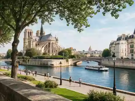 Editorialbild im Reisemagazin-Stil vom Wahrzeichen Notre-Dame-Kathedrale Paris in Paris Frankreich, ausgewogene Bildgestaltung und natuerliches Umgebungslicht - Foto: THN