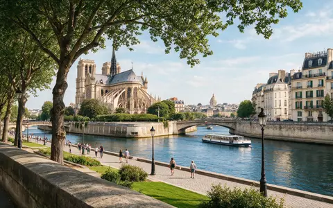 Editorialbild im Reisemagazin-Stil vom Wahrzeichen Notre-Dame-Kathedrale Paris in Paris Frankreich, ausgewogene Bildgestaltung und natuerliches Umgebungslicht - Foto: THN