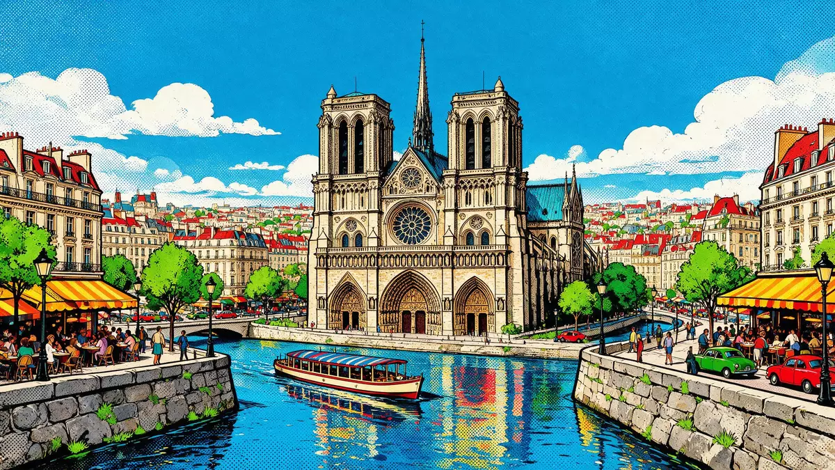 Pop-Art-Comic von Notre-Dame-Kathedrale Paris in Paris, Frankreich mit Rasterpunkten