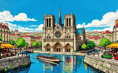 Pop-Art-Comicillustration des Wahrzeichens Notre-Dame-Kathedrale Paris in Paris Frankreich, kraeftige Konturen Rasterpunkte und satte Farben - Foto: THN