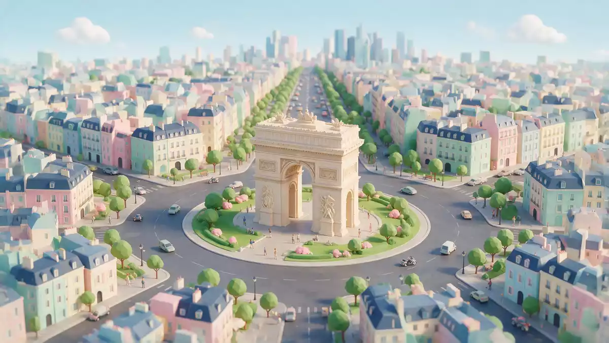 Isometrisches Diorama von Arc de Triomphe Paris in Paris, Frankreich in Pastell