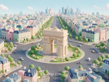 Isometrisches Diorama von Arc de Triomphe Paris und Umgebung in Paris Frankreich, verspielte Low-Poly-Kulisse in - Foto: THN