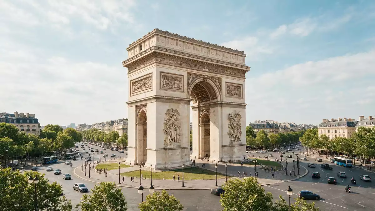 Editorial-Reisemagazinbild vom Wahrzeichen Arc de Triomphe Paris in Paris, Frankreich