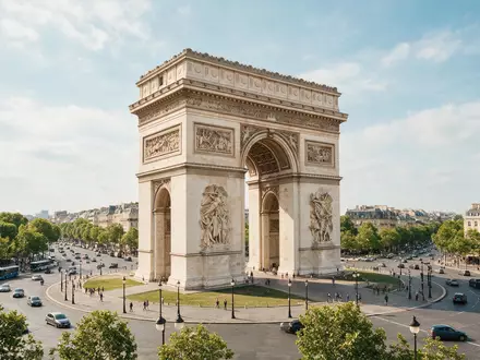 Editorialbild im Reisemagazin-Stil vom Wahrzeichen Arc de Triomphe Paris in Paris Frankreich, ausgewogene Bildgestaltung und - Foto: THN