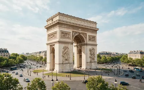 Editorialbild im Reisemagazin-Stil vom Wahrzeichen Arc de Triomphe Paris in Paris Frankreich, ausgewogene Bildgestaltung und - Foto: THN