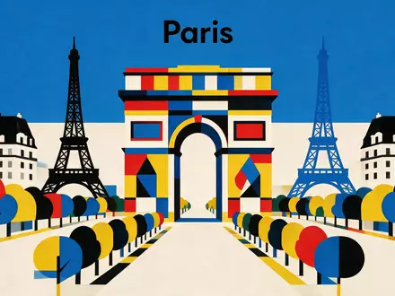 Bauhaus-Poster als geometrische Abstraktion von Arc de Triomphe Paris in Paris Frankreich, kraeftige Grundfarben und - Foto: THN