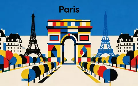 Bauhaus-Poster als geometrische Abstraktion von Arc de Triomphe Paris in Paris Frankreich, kraeftige Grundfarben und - Foto: THN