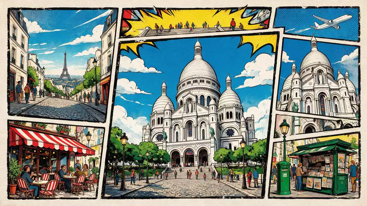 Pop-Art-Comic von Sacre-Coeur Paris in Paris, Frankreich mit Rasterpunkten