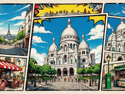Pop-Art-Comicillustration des Wahrzeichens Sacre-Coeur Paris in Paris Frankreich, kraeftige Konturen Rasterpunkte und satte Farben - Foto: THN