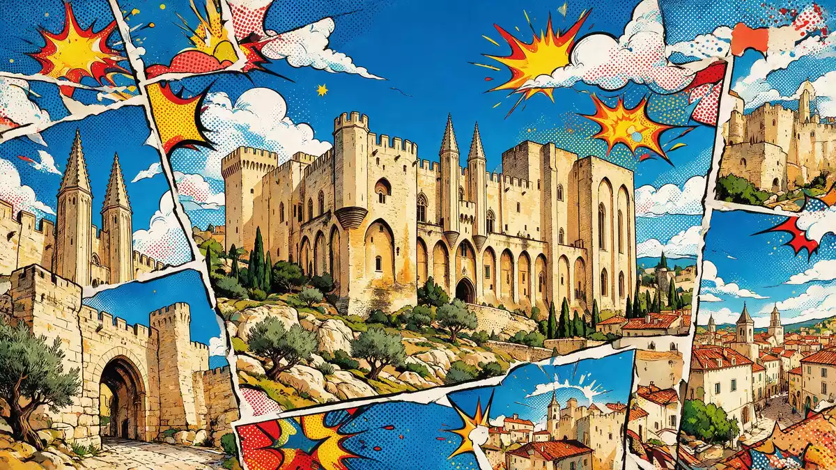 Pop-Art-Comic von Papstpalast Avignon in Avignon, Frankreich mit Rasterpunkten