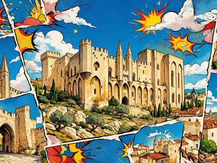 Pop-Art-Comicillustration des Wahrzeichens Papstpalast Avignon in Avignon Frankreich, kraeftige Konturen Rasterpunkte und satte Farben - Foto: THN