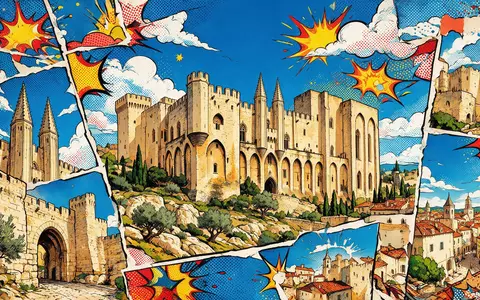 Pop-Art-Comicillustration des Wahrzeichens Papstpalast Avignon in Avignon Frankreich, kraeftige Konturen Rasterpunkte und satte Farben - Foto: THN
