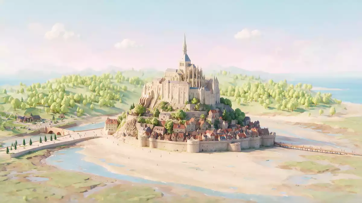 Isometrisches Diorama von Mont-Saint-Michel in Le Mont-Saint-Michel, Frankreich in Pastell