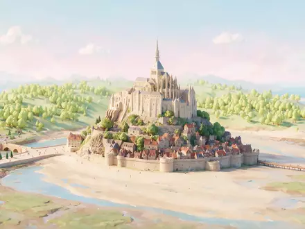 Isometrisches Diorama von Mont-Saint-Michel und Umgebung in Le Mont-Saint-Michel Frankreich, verspielte Low-Poly-Kulisse in Pastellfarben - Foto: THN