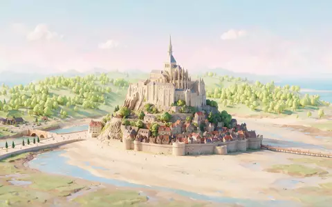 Isometrisches Diorama von Mont-Saint-Michel und Umgebung in Le Mont-Saint-Michel Frankreich, verspielte Low-Poly-Kulisse in Pastellfarben - Foto: THN