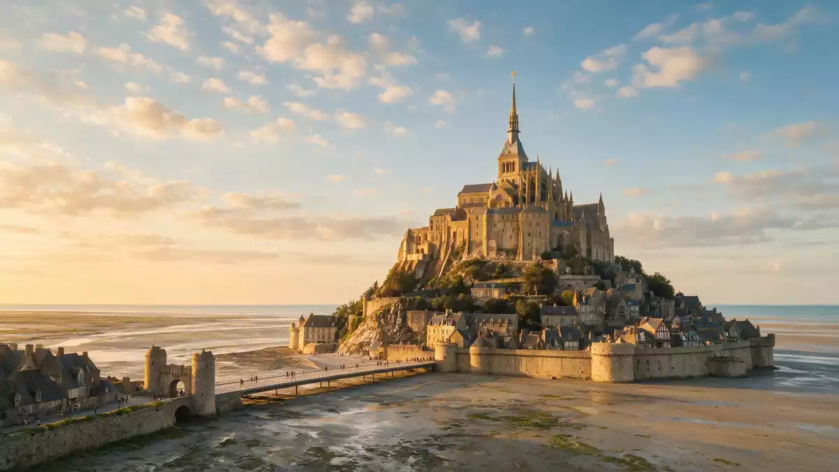 Fotorealistische Ansicht von Mont-Saint-Michel in Le Mont-Saint-Michel, Frankreich im Abendl…