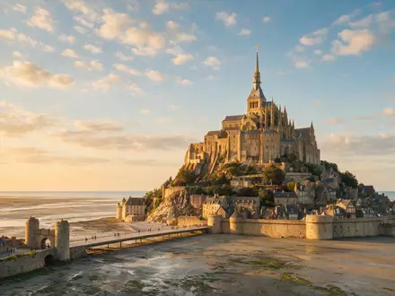 Fotorealistische Panoramaaufnahme von Mont-Saint-Michel in Le Mont-Saint-Michel Frankreich, warmes Abendlicht auf Wahrzeichen - Foto: THN