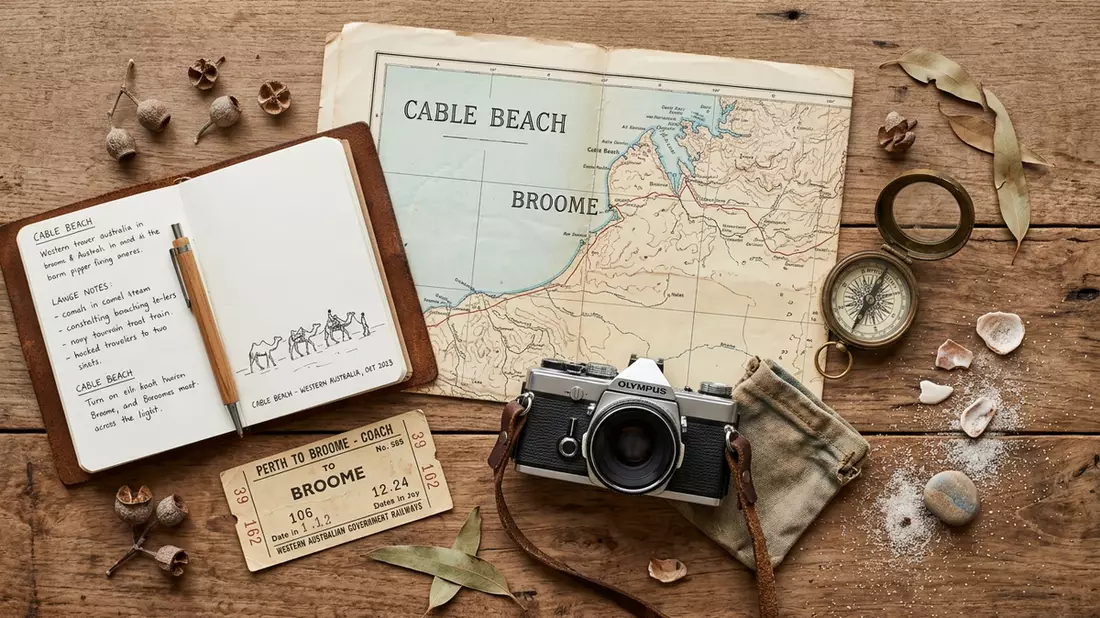 Flatlay-Reise-Arrangement rund um Cable Beach Broome in Broome, Australien