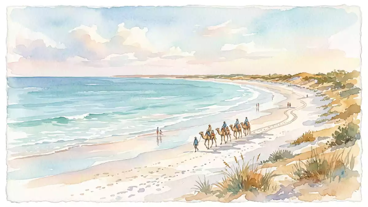 Aquarell-Illustration von Cable Beach Broome in Broome, Australien als Reiseposter