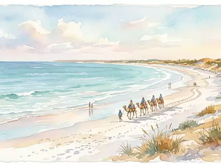 Aquarellillustration des Wahrzeichens Cable Beach Broome in Broome Australien, weiche Farbverläufe und pastelliges Reiseposter-Feeling - Foto: THN