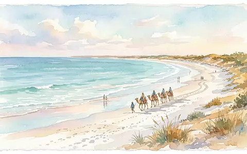 Aquarellillustration des Wahrzeichens Cable Beach Broome in Broome Australien, weiche Farbverläufe und pastelliges Reiseposter-Feeling - Foto: THN
