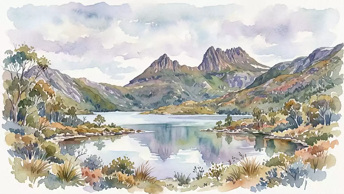 Aquarell-Illustration von Cradle Mountain in Cradle Mountain, Australien als Reiseposter
