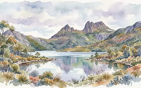 Aquarellillustration des Wahrzeichens Cradle Mountain in Cradle Mountain Australien, weiche Farbverläufe und pastelliges Reiseposter-Feeling - Foto: THN